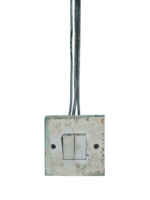 Old, dirty, and worn-out electrical switch panel with two switches. The panel is mounted on a wall, and several wires extend from the top png