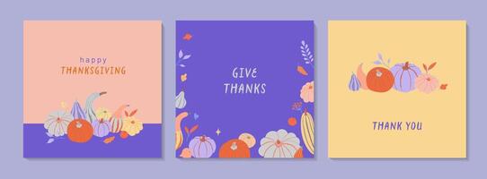 Thanksgiving Social Media square templates. Trendy flat pumpkins illustration in vibrant colors. Autumn season theme. Thank you card for web or print vector
