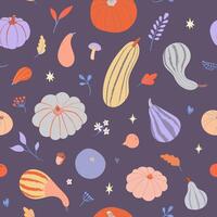 Thanksgiving seamless pattern. Trendy Fall elements illustration with colorful pumpkins and leaves on violet background. Vibrant design for autumn season textile and wallpaper vector