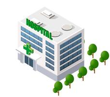 Isometric hospital building with trees and green sign vector