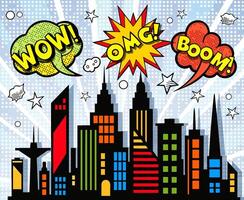 Comic book style city with speech bubbles and the words wow and omg vector
