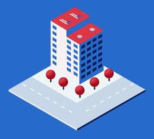 Isometric building with red and blue trees on the street vector