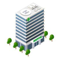 Isometric hospital building with trees and a sign vector