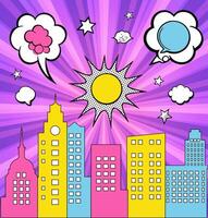 Comic book style city with speech bubbles and sun vector