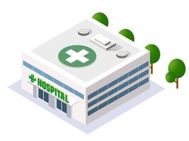 Isometric hospital building with green cross on top vector