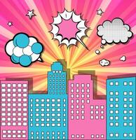 Comic book style city with speech bubbles and clouds vector