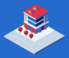 Isometric building with red roof and trees on the street vector