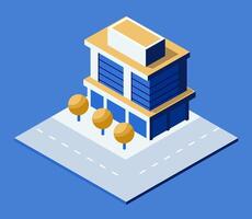 Isometric building with trees and street on blue background vector