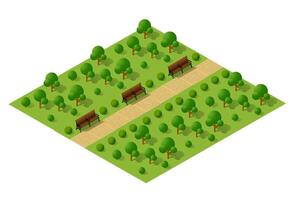 Isometric park with benches and trees vector