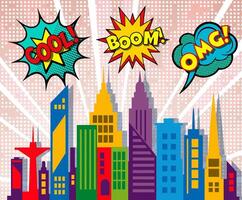 Comic book style city with speech bubbles and buildings vector