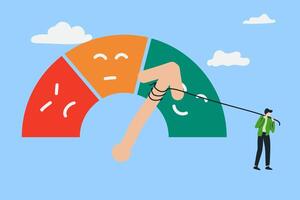 Performance rating or credit score or satisfaction measurement, quality control or improvement concept, strong male businessman pulling strings to make ranking measure excellent. vector