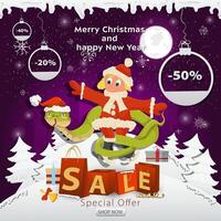 A Christmas sale banner with an inscription in the form of packages in a snowy clearing a snake wraps around a girl on skates vector