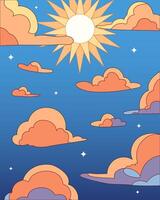 Sky background with sun, clouds and stars. Beautiful background with colorful clouds vector