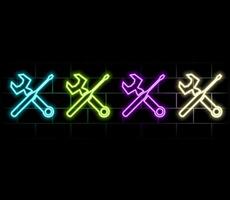 Neon light speech bubble. Hammer and screwdriver line icon. Repair service sign. Fix instruments symbol. Neon light background. Hammer tool glow line. Brick wall banner. .green vector