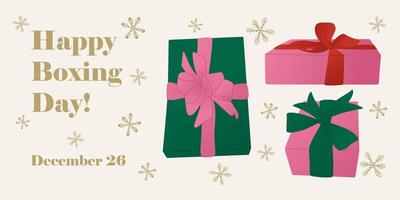Banner Illustration celebrating Boxing Day with wrapped gift boxes and snowflake designs on light background with text Happy Boxing Day vector