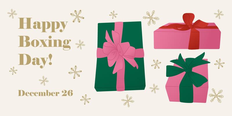 Banner Illustration celebrating Boxing Day with wrapped gift boxes and snowflake designs on light background with text Happy Boxing Day