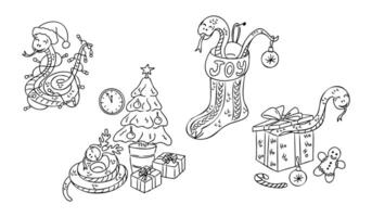 Whimsical contour doodle snakes with Christmas tree and decorations. Hand drawn reptiles, gifts, sock and related elements isolated on white background. Childish composition for coloring pages vector