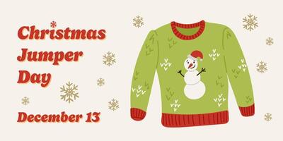 Banner Illustration for Christmas Jumper Day with colorful jumper with snowman and snowflakes on light background with text Christmas Jumper Day hand drawn composition vector