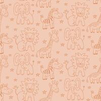 Seamless safari pattern with cute doodles of animals like lions, elephants, giraffes, and zebras on soft peach background, ideal for children designs and fabric. Hand drawn illustration vector