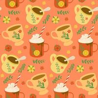Seamless pattern with various colored cups with floral elements on warm red background, creating cozy and refreshing design vector