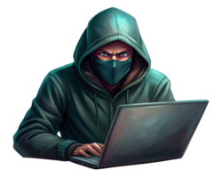 Hacker in Masked Attire Using Laptop in Dark png