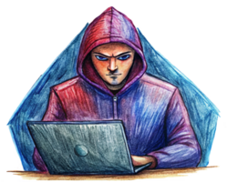 Anonymous Hacker Typing on Laptop in Mask png