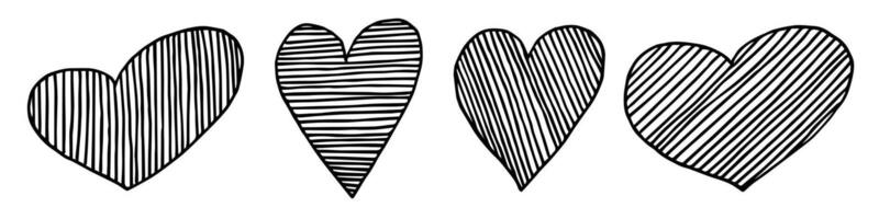 Geometric Doodle Love Icon Set. A collection of hand-drawn hatching hearts. Black outlines isolated on a white background. Simple elements. vector