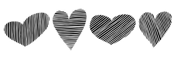 Geometric Doodle Love Icon Set. A collection of four hand-drawn hearts. Black shapes isolated on a white background. Simple elements. Abstract design vector