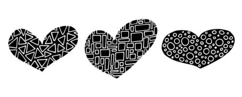 A unique set of three heart icons with geometric ornament. Simple abstract lines, hand-drawn doodle style. Valentine's love clipart collection. vector