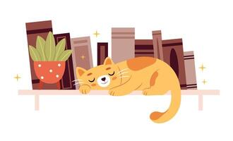 A red cat is sleeping on a bookshelf.Cute kitty sleeping on books vector