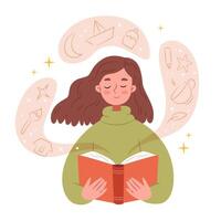 A girl reads a romantic book. Book club.Young girl in sweater and warm reading book.The girl is resting at home.Cozy autumn. vector
