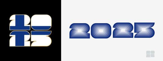 Year 2025 with flag of Finland and in color palate of Finland flag. Happy New Year 2025 in two different style. vector