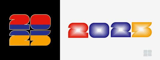 Year 2025 with flag of Armenia and in color palate of Armenia flag. Happy New Year 2025 in two different style. vector