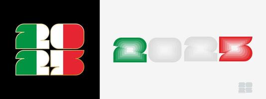 Year 2025 with flag of Italy and in color palate of Italy flag. Happy New Year 2025 in two different style. vector