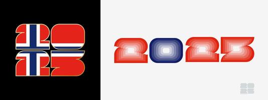Year 2025 with flag of Norway and in color palate of Norway flag. Happy New Year 2025 in two different style. vector