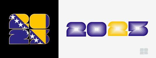 Year 2025 with flag of Bosnia and Herzegovina and in color palate of Bosnia and Herzegovina flag. Happy New Year 2025 in two different style. vector