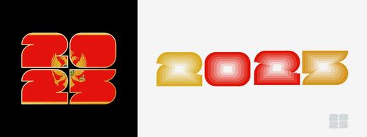 Year 2025 with flag of Montenegro and in color palate of Montenegro flag. Happy New Year 2025 in two different style. vector