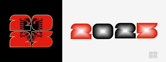 Year 2025 with flag of Albania and in color palate of Albania flag. Happy New Year 2025 in two different style. vector