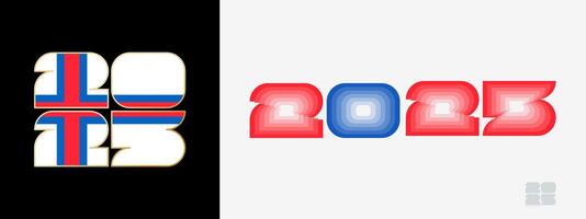 Year 2025 with flag of Faroe Islands and in color palate of Faroe Islands flag. Happy New Year 2025 in two different style. vector