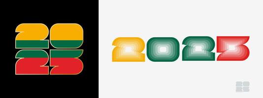 Year 2025 with flag of Lithuania and in color palate of Lithuania flag. Happy New Year 2025 in two different style. vector