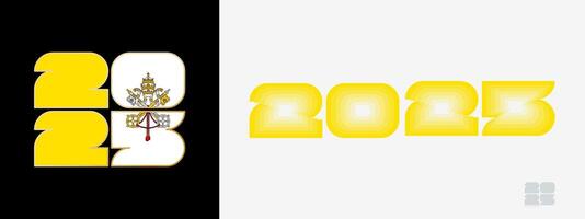 Year 2025 with flag of Vatican City and in color palate of Vatican City flag. Happy New Year 2025 in two different style. vector