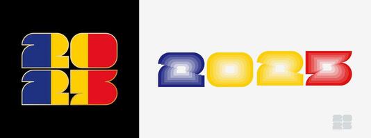Year 2025 with flag of Romania and in color palate of Romania flag. Happy New Year 2025 in two different style. vector