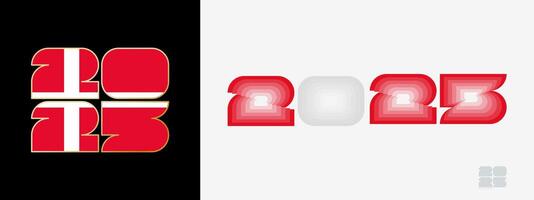 Year 2025 with flag of Denmark and in color palate of Denmark flag. Happy New Year 2025 in two different style. vector