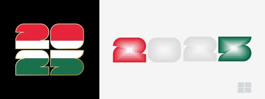 Year 2025 with flag of Hungary and in color palate of Hungary flag. Happy New Year 2025 in two different style. vector