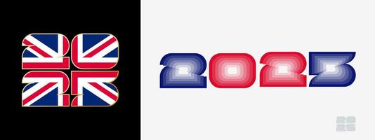 Year 2025 with flag of United Kingdom and in color palate of United Kingdom flag. Happy New Year 2025 in two different style. vector
