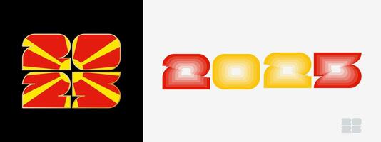 Year 2025 with flag of North Macedonia and in color palate of North Macedonia flag. Happy New Year 2025 in two different style. vector