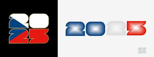 Year 2025 with flag of Czech Republic and in color palate of Czech Republic flag. Happy New Year 2025 in two different style. vector