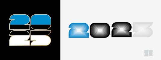 Year 2025 with flag of Estonia and in color palate of Estonia flag. Happy New Year 2025 in two different style. vector