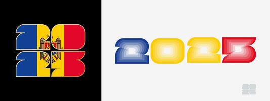 Year 2025 with flag of Moldova and in color palate of Moldova flag. Happy New Year 2025 in two different style. vector