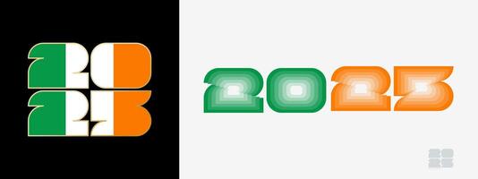 Year 2025 with flag of Ireland and in color palate of Ireland flag. Happy New Year 2025 in two different style. vector